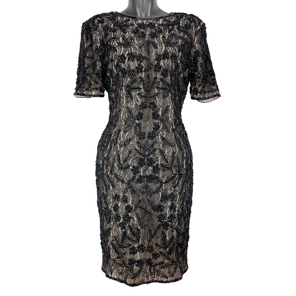 Vintage Stenay Black and Gold Beaded and Lace Cocktail Midi Dress